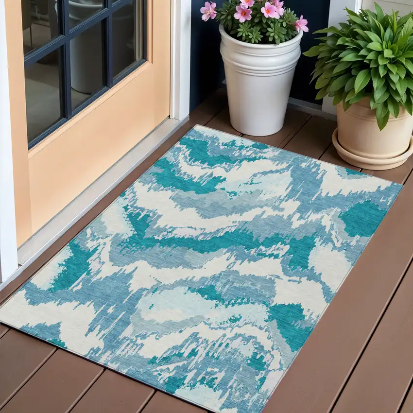 Teal Blue Sky Blue And Aqua Abstract Washable Indoor Outdoor Area Rug Photo 1