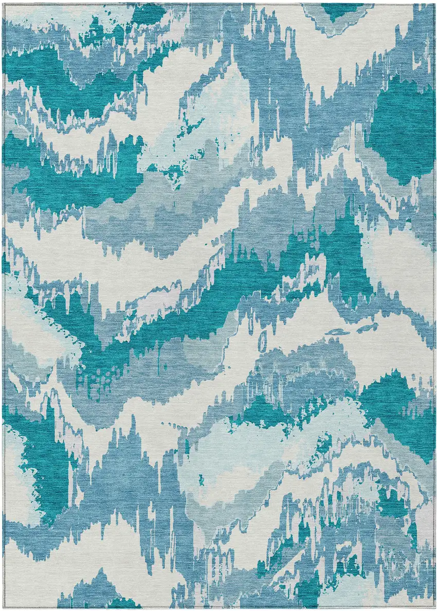 Teal Blue Sky Blue And Aqua Abstract Washable Indoor Outdoor Area Rug Photo 2