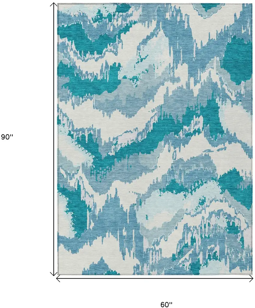 Teal Blue Sky Blue And Aqua Abstract Washable Indoor Outdoor Area Rug Photo 3