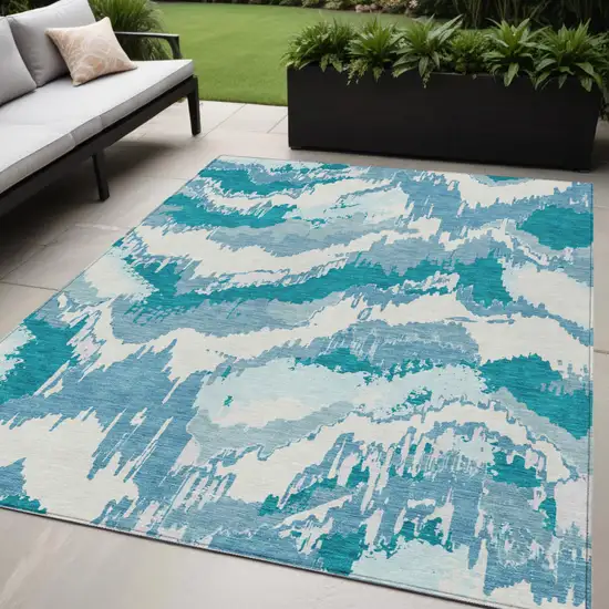 Teal Blue Sky Blue And Aqua Abstract Washable Indoor Outdoor Area Rug Photo 1