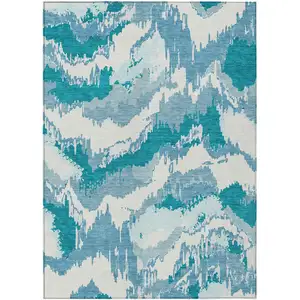 Photo of Teal Blue Sky Blue And Aqua Abstract Washable Indoor Outdoor Area Rug
