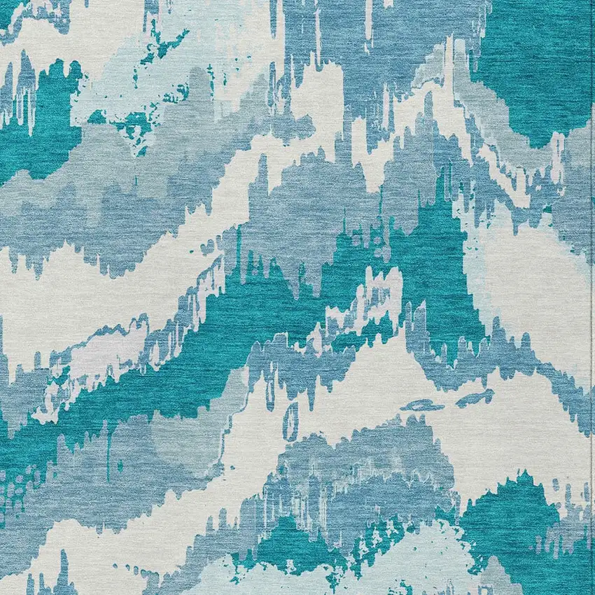 Teal Blue Sky Blue And Aqua Abstract Washable Indoor Outdoor Area Rug Photo 7