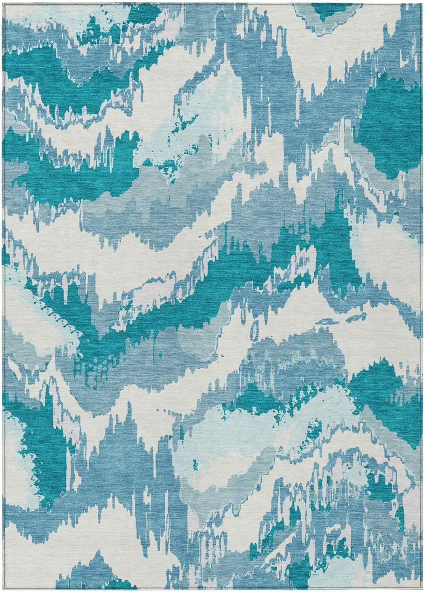 Teal Blue Sky Blue And Aqua Abstract Washable Indoor Outdoor Area Rug Photo 2