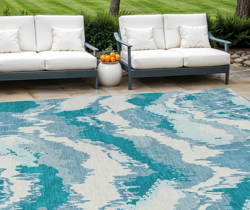 Teal Blue Sky Blue And Aqua Abstract Washable Indoor Outdoor Area Rug Photo 1