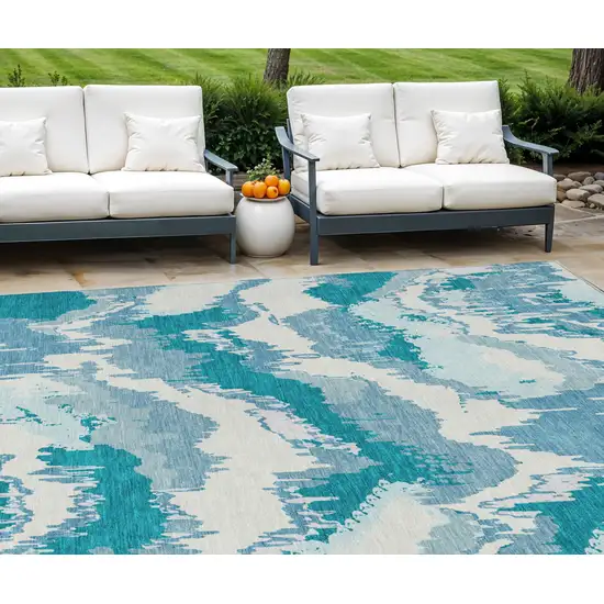 Teal Blue Sky Blue And Aqua Abstract Washable Indoor Outdoor Area Rug Photo 1