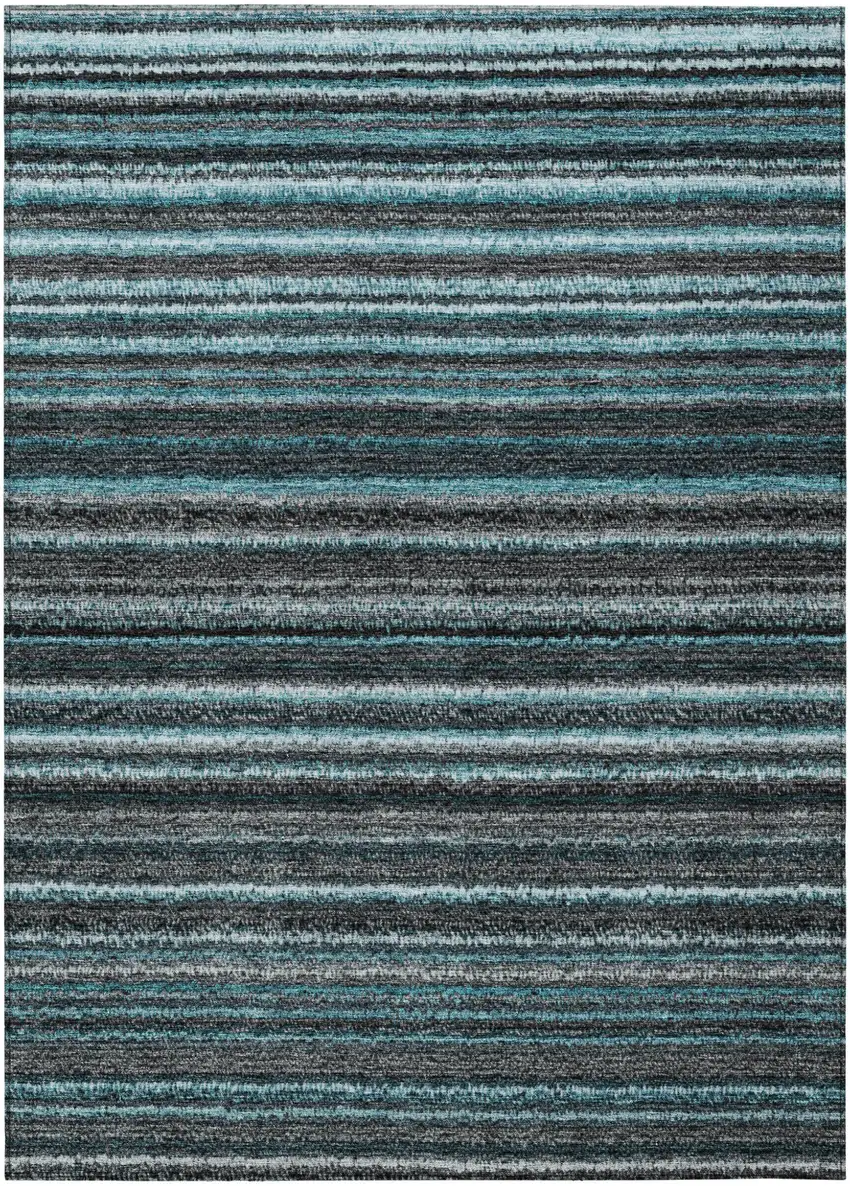 Teal Blue Sky Blue And Gray Striped Washable Indoor Outdoor Area Rug Photo 2