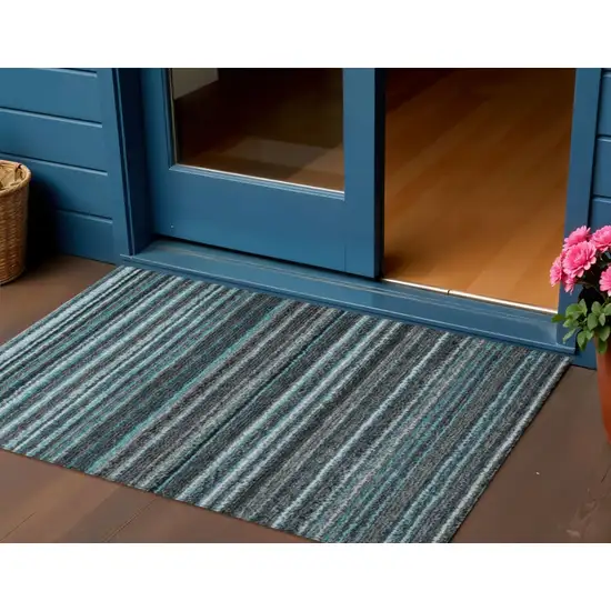 Teal Blue Sky Blue And Gray Striped Washable Indoor Outdoor Area Rug Photo 1