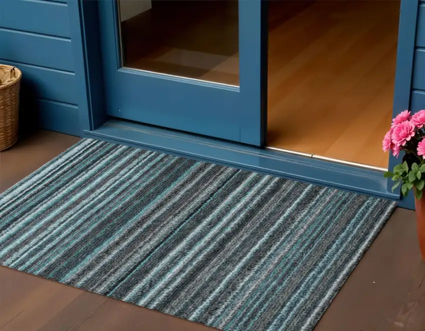 Teal Blue Sky Blue And Gray Striped Washable Indoor Outdoor Area Rug Photo 1