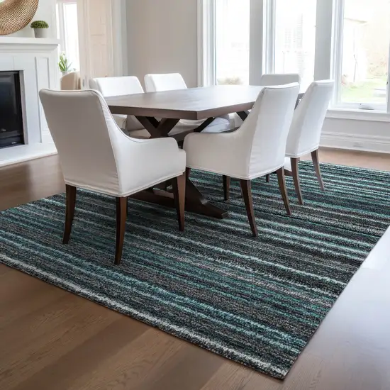 Teal Blue Sky Blue And Gray Striped Washable Indoor Outdoor Area Rug Photo 8