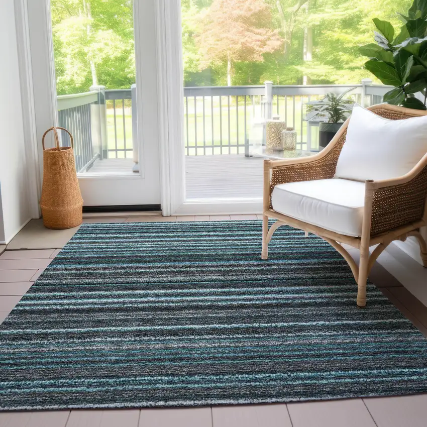 Teal Blue Sky Blue And Gray Striped Washable Indoor Outdoor Area Rug Photo 9