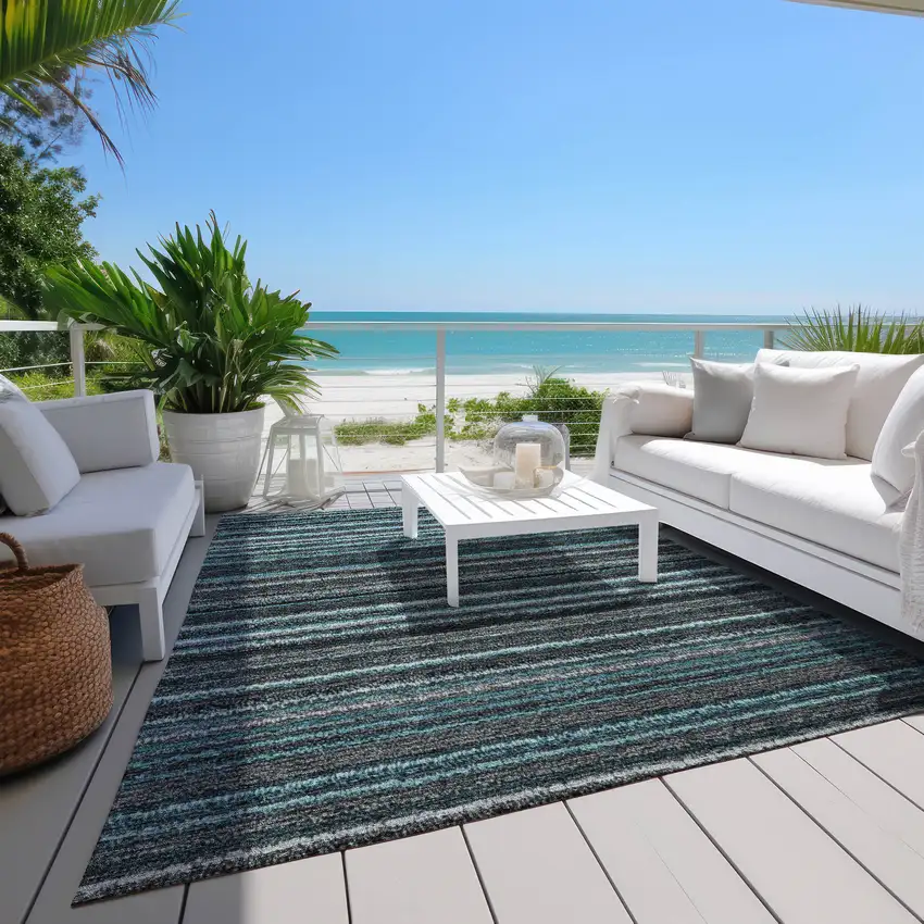 Teal Blue Sky Blue And Gray Striped Washable Indoor Outdoor Area Rug Photo 7