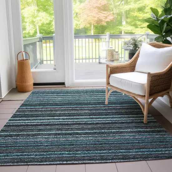 Teal Blue Sky Blue And Gray Striped Washable Indoor Outdoor Area Rug Photo 8