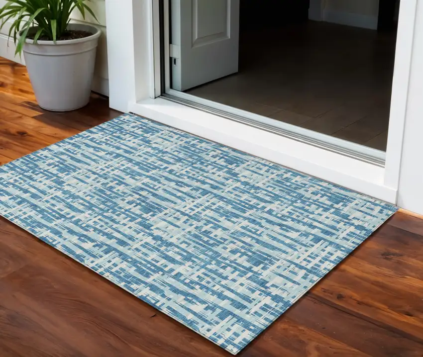 Teal Blue Sky Blue And Ivory Abstract Washable Indoor Outdoor Area Rug Photo 1
