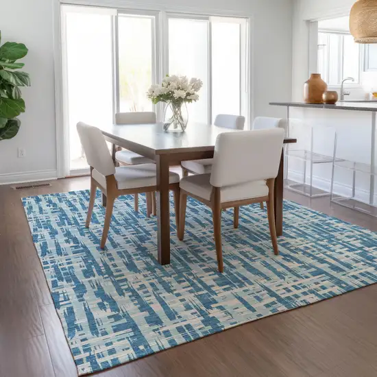 Teal Blue Sky Blue And Ivory Abstract Washable Indoor Outdoor Area Rug Photo 9