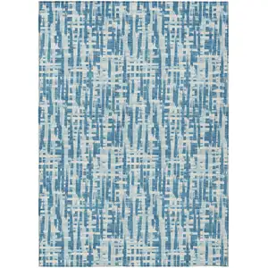 Photo of Teal Blue Sky Blue And Ivory Abstract Washable Indoor Outdoor Area Rug