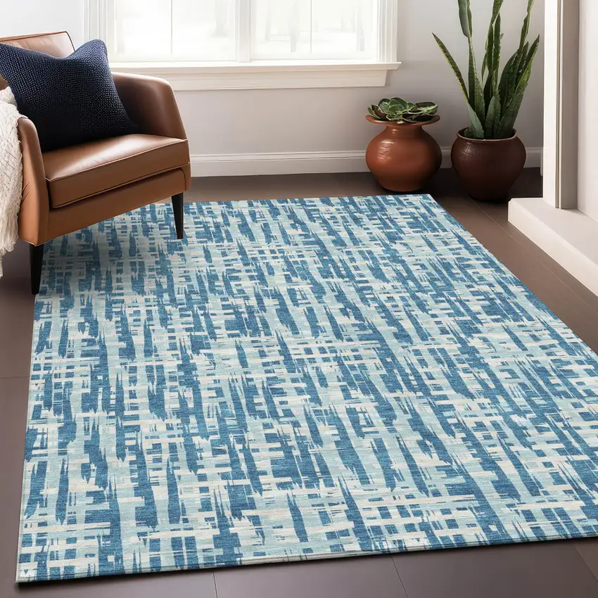 Teal Blue Sky Blue And Ivory Abstract Washable Indoor Outdoor Area Rug Photo 8