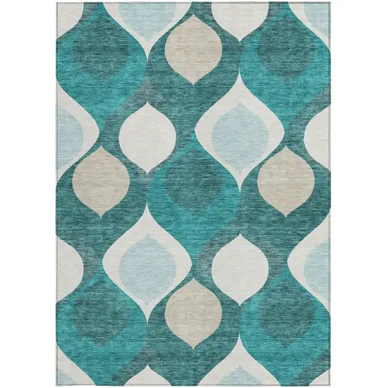 Teal Blue Sky Blue And Ivory Ogee Washable Indoor Outdoor Area Rug Photo 5