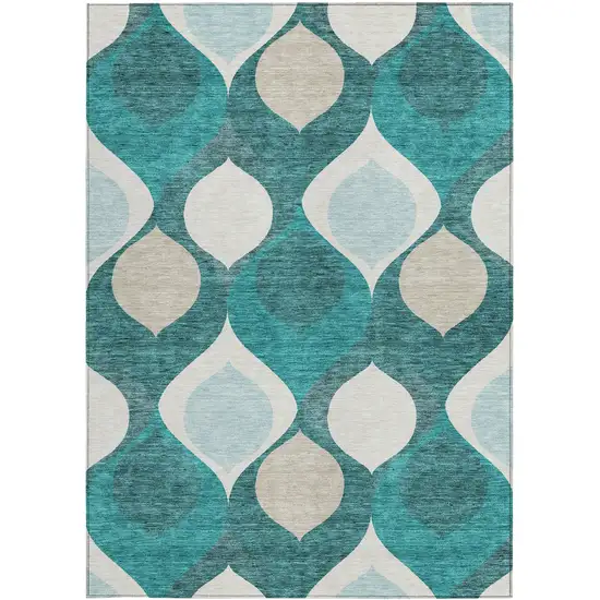 Teal Blue Sky Blue And Ivory Ogee Washable Indoor Outdoor Area Rug Photo 5