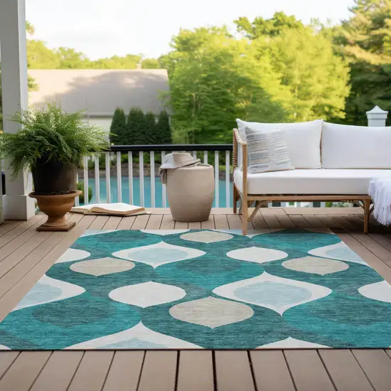 Teal Blue Sky Blue And Ivory Ogee Washable Indoor Outdoor Area Rug Photo 9