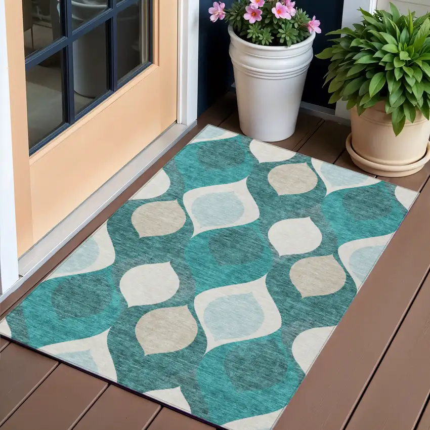 Teal Blue Sky Blue And Ivory Ogee Washable Indoor Outdoor Area Rug Photo 1