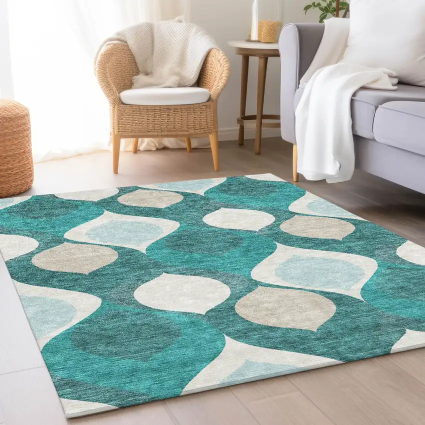 Teal Blue Sky Blue And Ivory Ogee Washable Indoor Outdoor Area Rug Photo 7