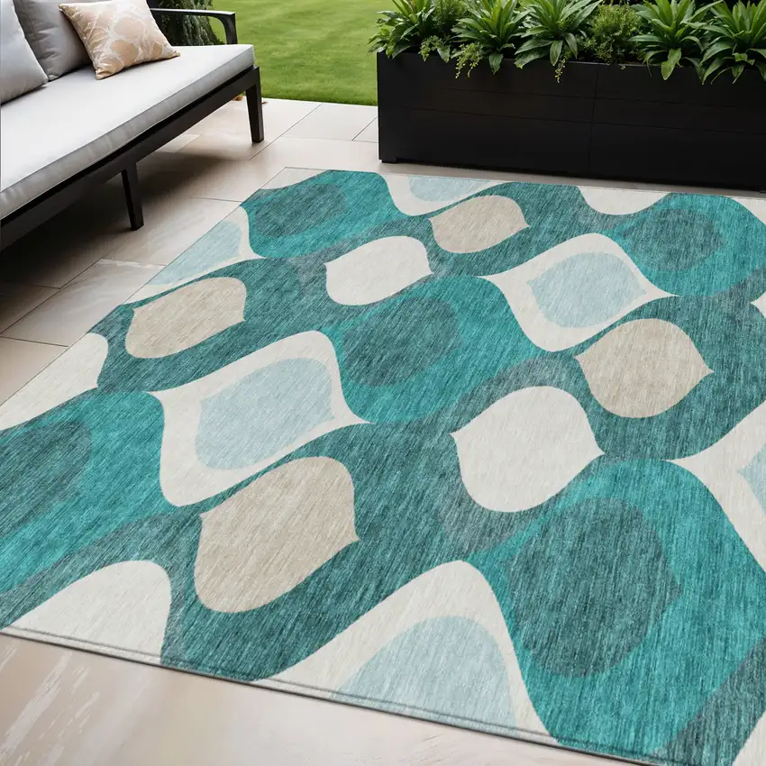 Teal Blue Sky Blue And Ivory Ogee Washable Indoor Outdoor Area Rug Photo 1