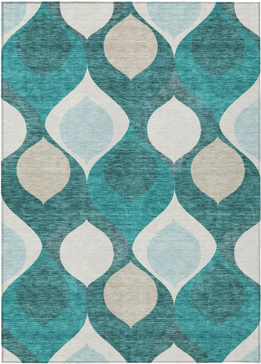 Teal Blue Sky Blue And Ivory Ogee Washable Indoor Outdoor Area Rug Photo 1