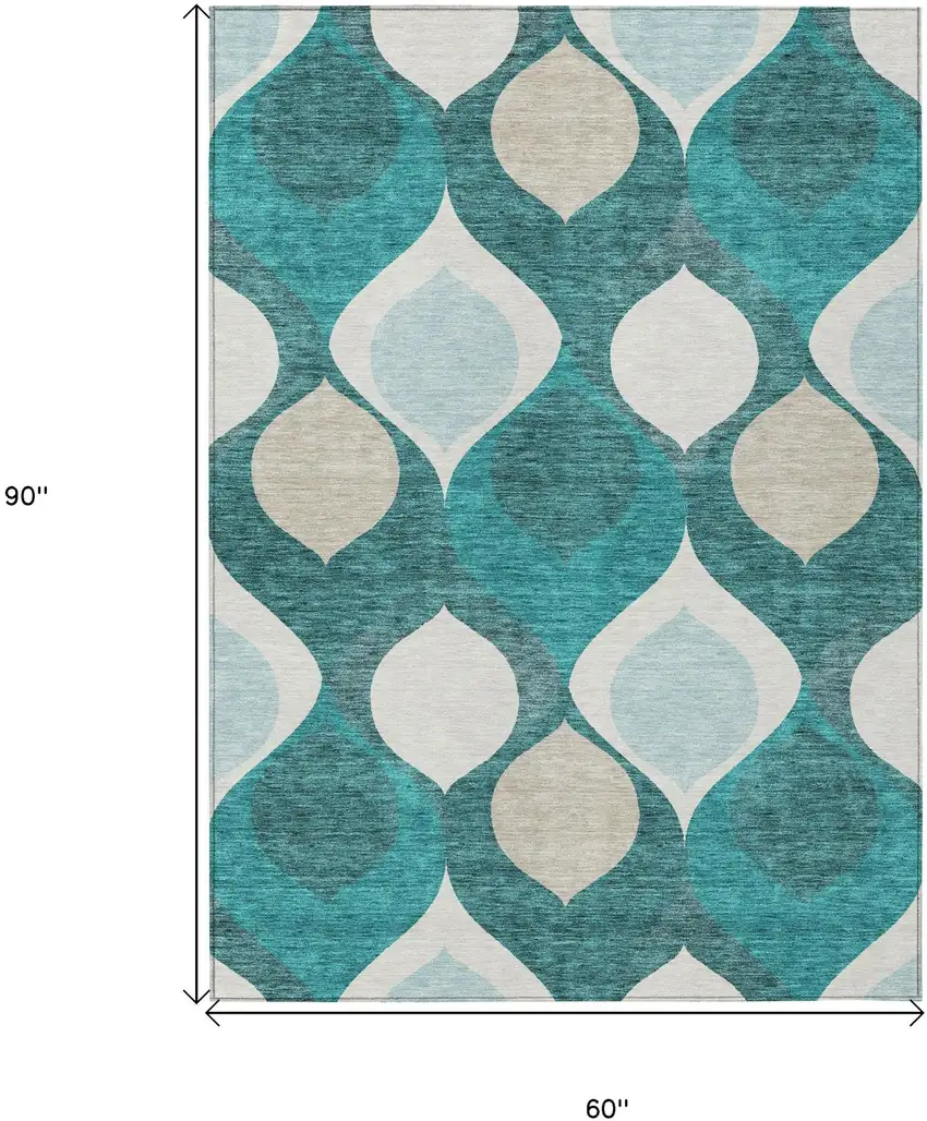 Teal Blue Sky Blue And Ivory Ogee Washable Indoor Outdoor Area Rug Photo 7