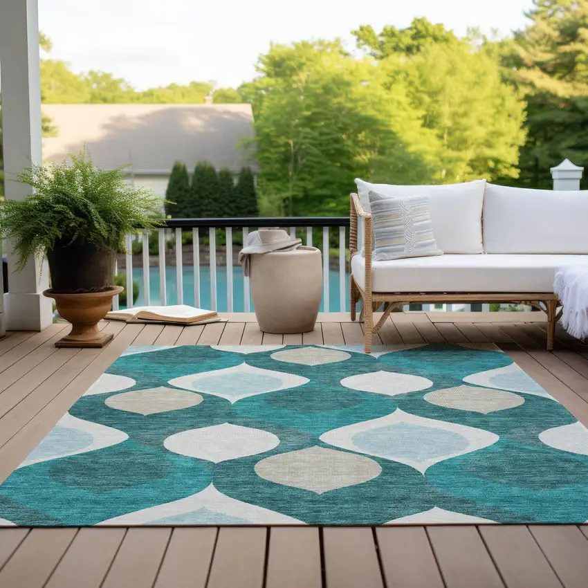 Teal Blue Sky Blue And Ivory Ogee Washable Indoor Outdoor Area Rug Photo 9