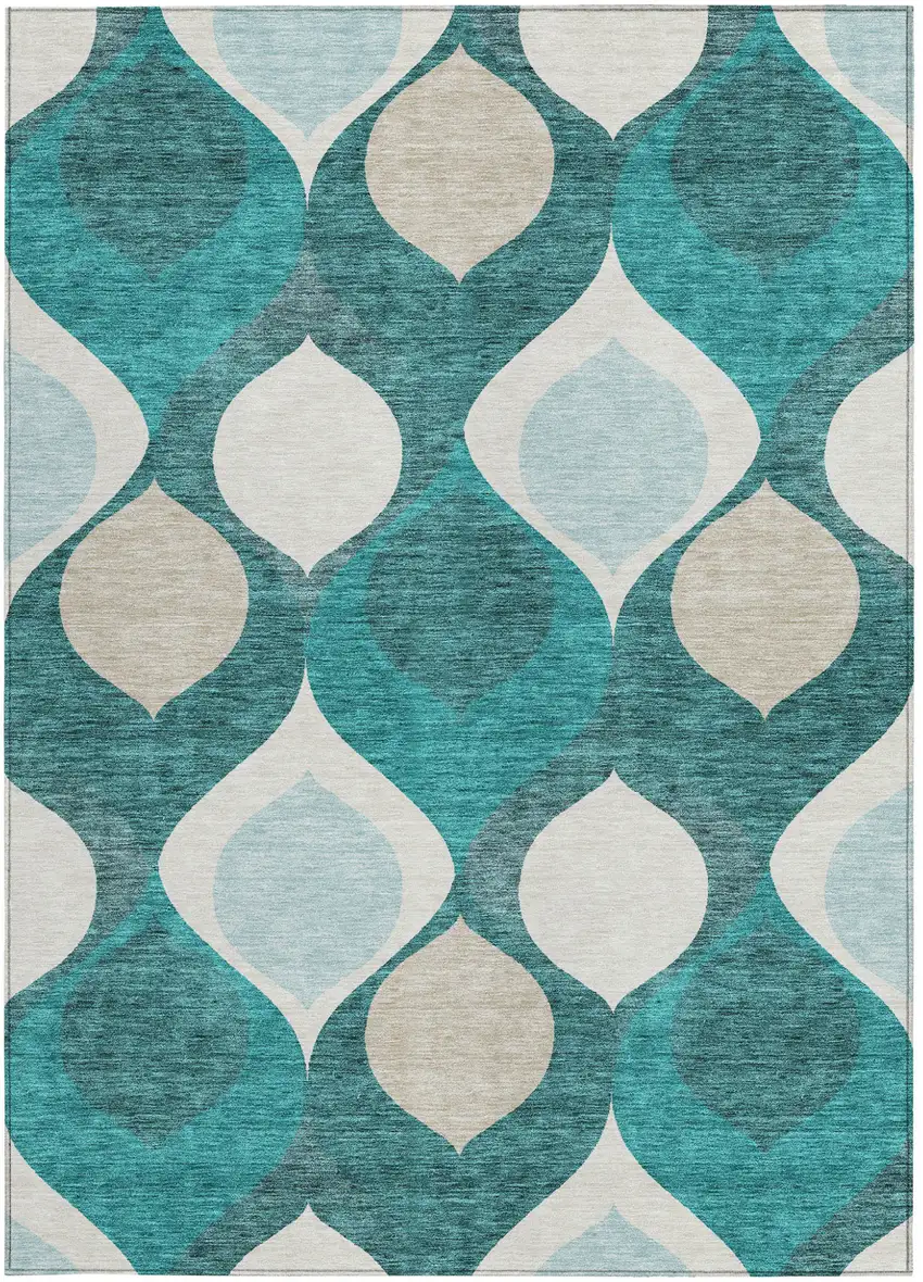 Teal Blue Sky Blue And Ivory Ogee Washable Indoor Outdoor Area Rug Photo 5