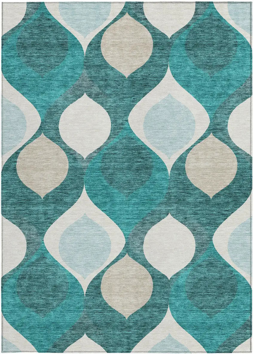 Teal Blue Sky Blue And Ivory Ogee Washable Indoor Outdoor Area Rug Photo 5