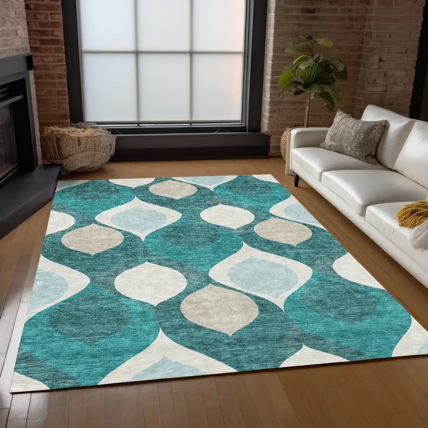 Teal Blue Sky Blue And Ivory Ogee Washable Indoor Outdoor Area Rug Photo 8