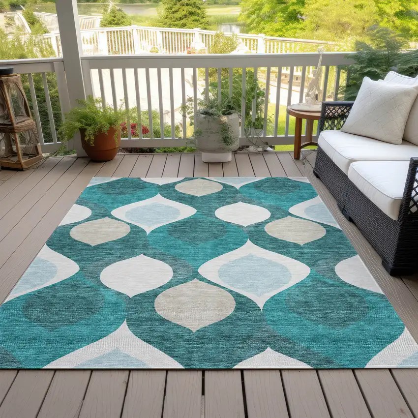 Teal Blue Sky Blue And Ivory Ogee Washable Indoor Outdoor Area Rug Photo 6