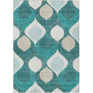 Photo of Teal Blue Sky Blue And Ivory Ogee Washable Indoor Outdoor Area Rug