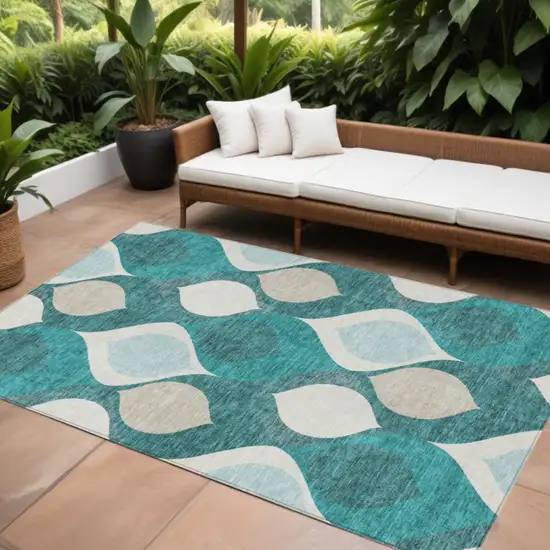 Teal Blue Sky Blue And Ivory Ogee Washable Indoor Outdoor Area Rug Photo 1