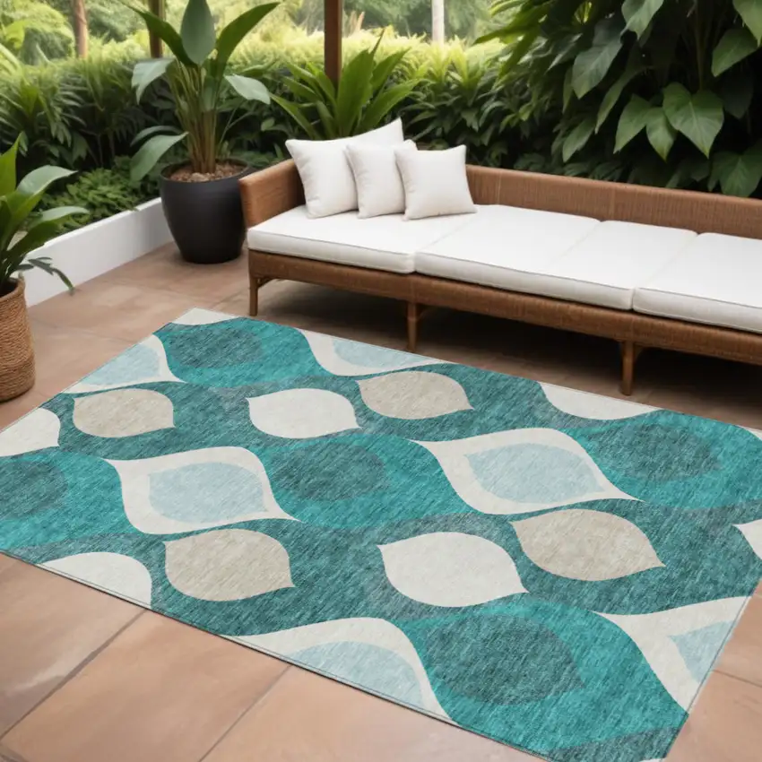 Teal Blue Sky Blue And Ivory Ogee Washable Indoor Outdoor Area Rug Photo 1