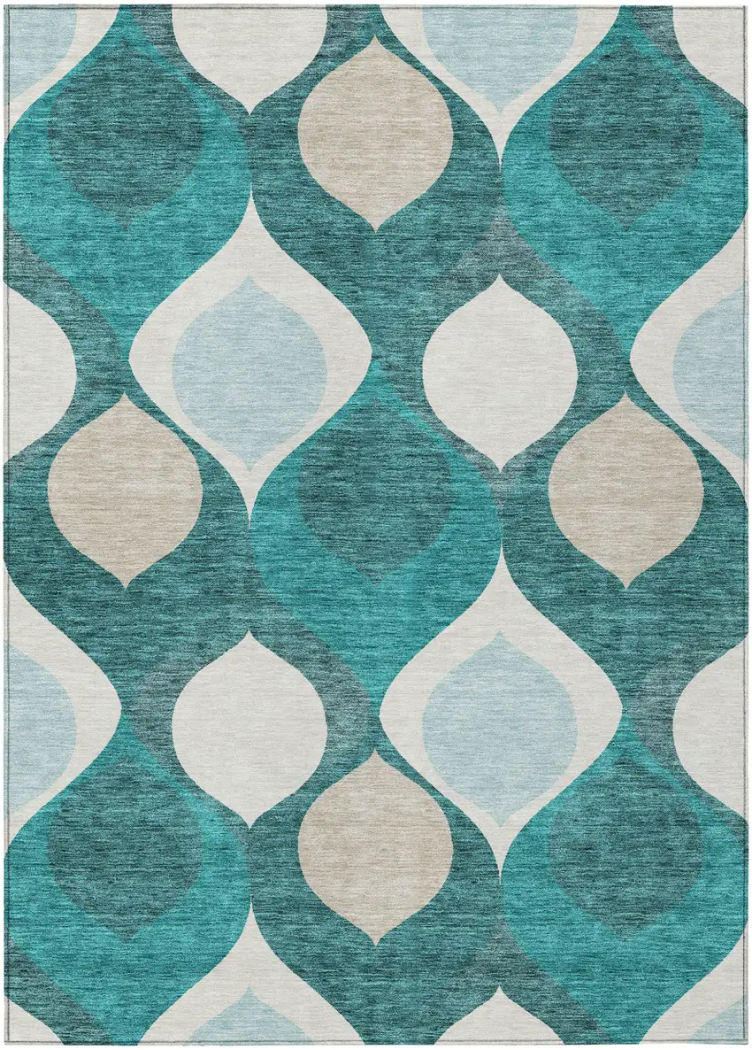 Teal Blue Sky Blue And Ivory Ogee Washable Indoor Outdoor Area Rug Photo 2