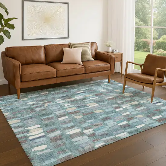 Teal Blue Taupe And Beige Striped Washable Indoor Outdoor Area Rug Photo 5