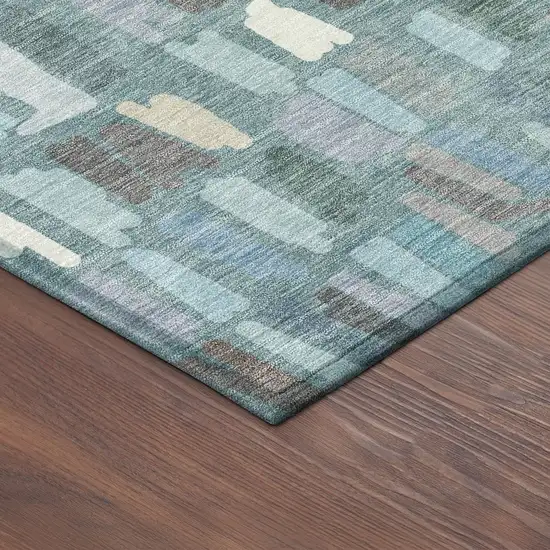 Teal Blue Taupe And Beige Striped Washable Indoor Outdoor Area Rug Photo 5
