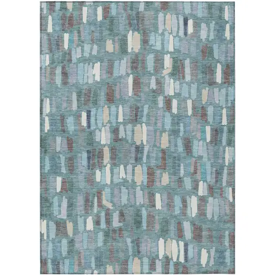 Teal Blue Taupe And Beige Striped Washable Indoor Outdoor Area Rug Photo 1
