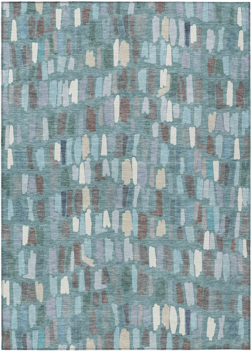 Teal Blue Taupe And Beige Striped Washable Indoor Outdoor Area Rug Photo 1