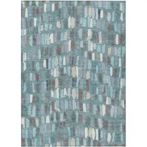 Photo of Teal Blue Taupe And Beige Striped Washable Indoor Outdoor Area Rug