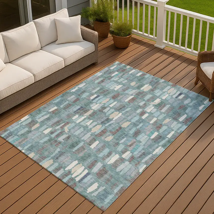 Teal Blue Taupe And Beige Striped Washable Indoor Outdoor Area Rug Photo 4