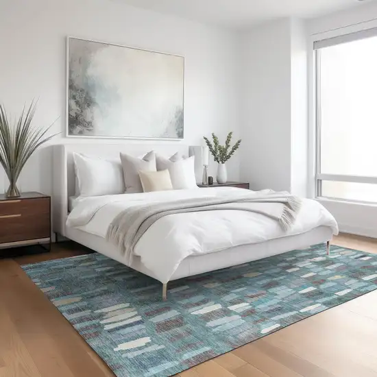 Teal Blue Taupe And Beige Striped Washable Indoor Outdoor Area Rug Photo 6