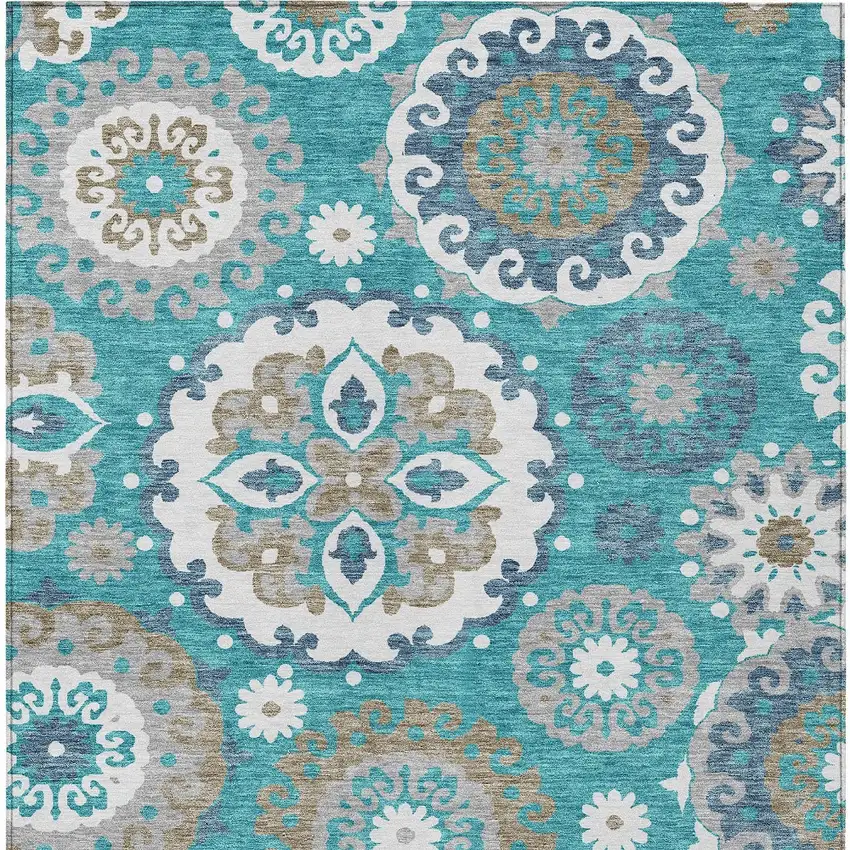 Teal Blue Taupe And Gray Floral Medallion Washable Indoor Outdoor Area Rug Photo 7
