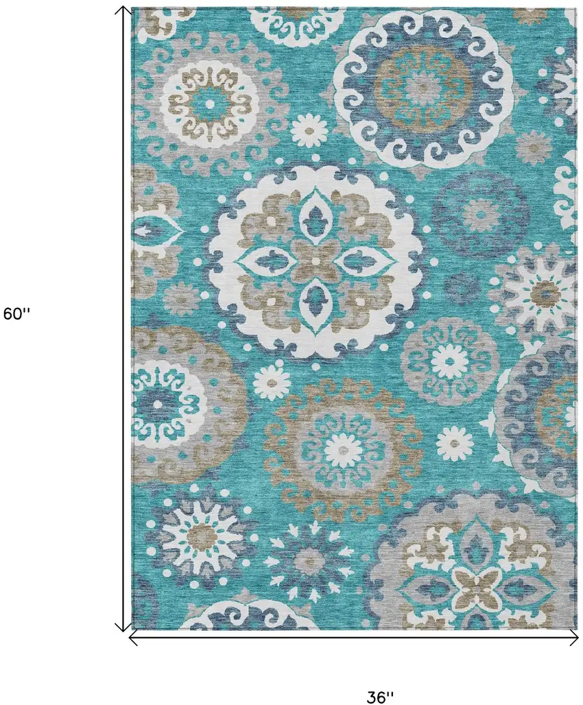 Teal Blue Taupe And Gray Floral Medallion Washable Indoor Outdoor Area Rug Photo 8