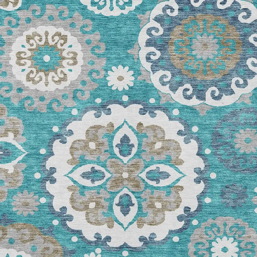Teal Blue Taupe And Gray Floral Medallion Washable Indoor Outdoor Area Rug Photo 5