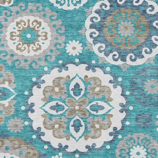 Teal Blue Taupe And Gray Floral Medallion Washable Indoor Outdoor Area Rug Photo 5
