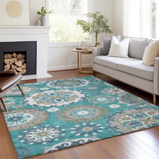 Teal Blue Taupe And Gray Floral Medallion Washable Indoor Outdoor Area Rug Photo 9