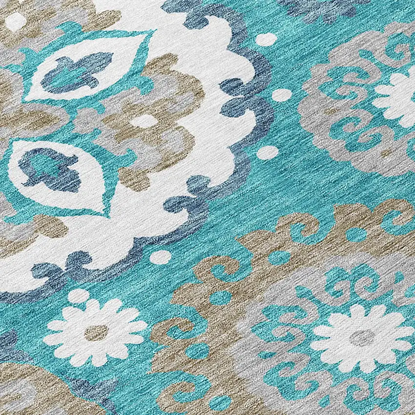 Teal Blue Taupe And Gray Floral Medallion Washable Indoor Outdoor Area Rug Photo 6